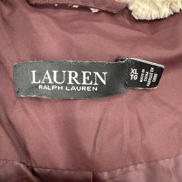 Lauren Ralph Lauren womens XL Burgundy Down Puffer Coat Faux Fur Hooded Jacket - Picture 9 of 10